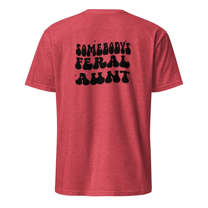 Red t-shirt with black text on the back against a white background