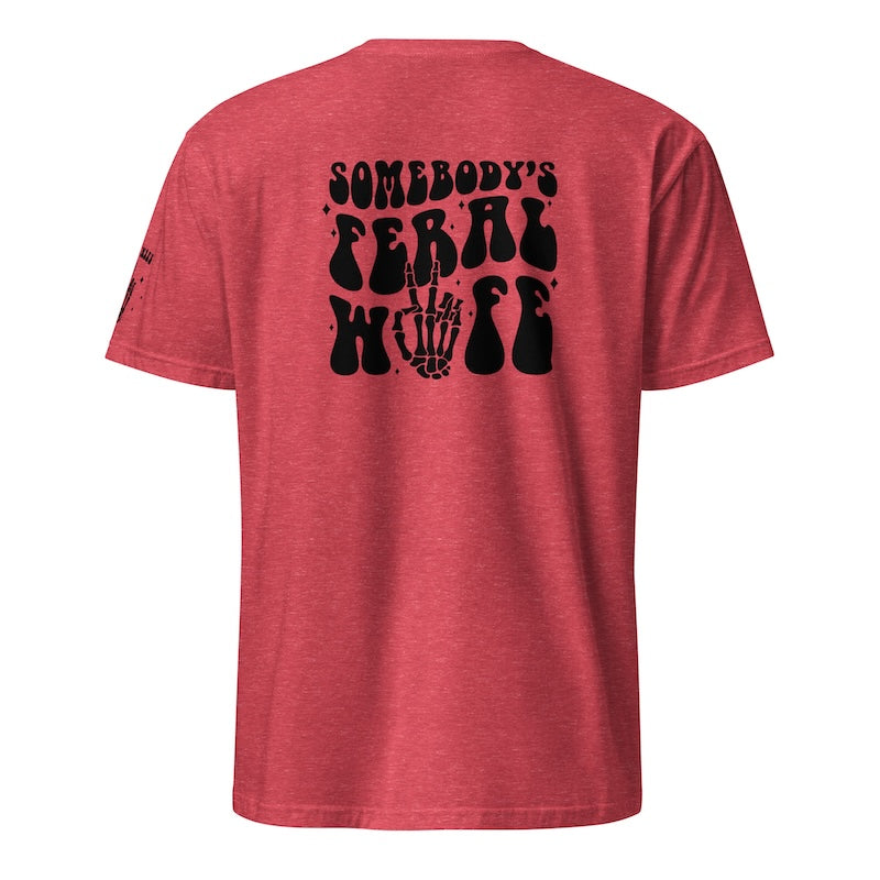 Red t-shirt with black graphic design on the back on a white background