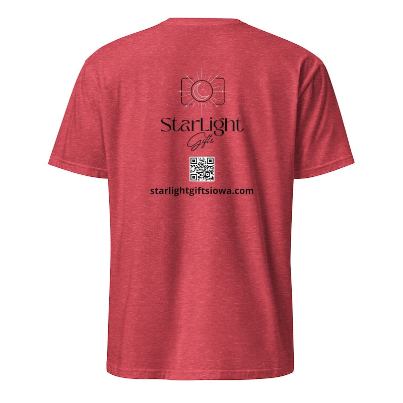 Red t-shirt with 'Starlight Gifts' logo and QR code on the back against a white background