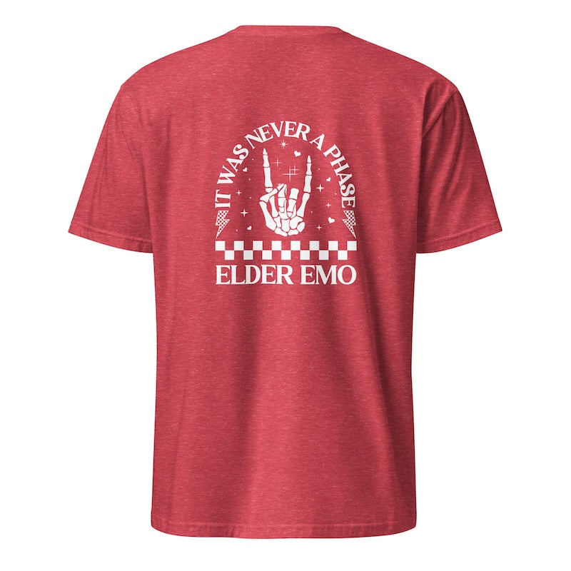 Red t-shirt with white text and graphics on a white background