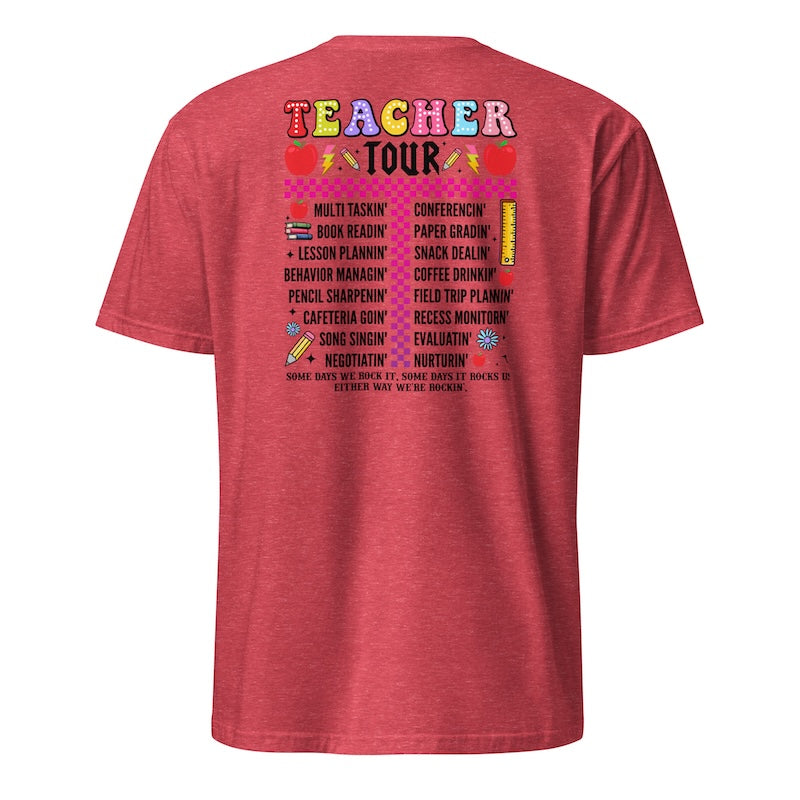Red t-shirt with colorful text and graphics on the back, on a white background