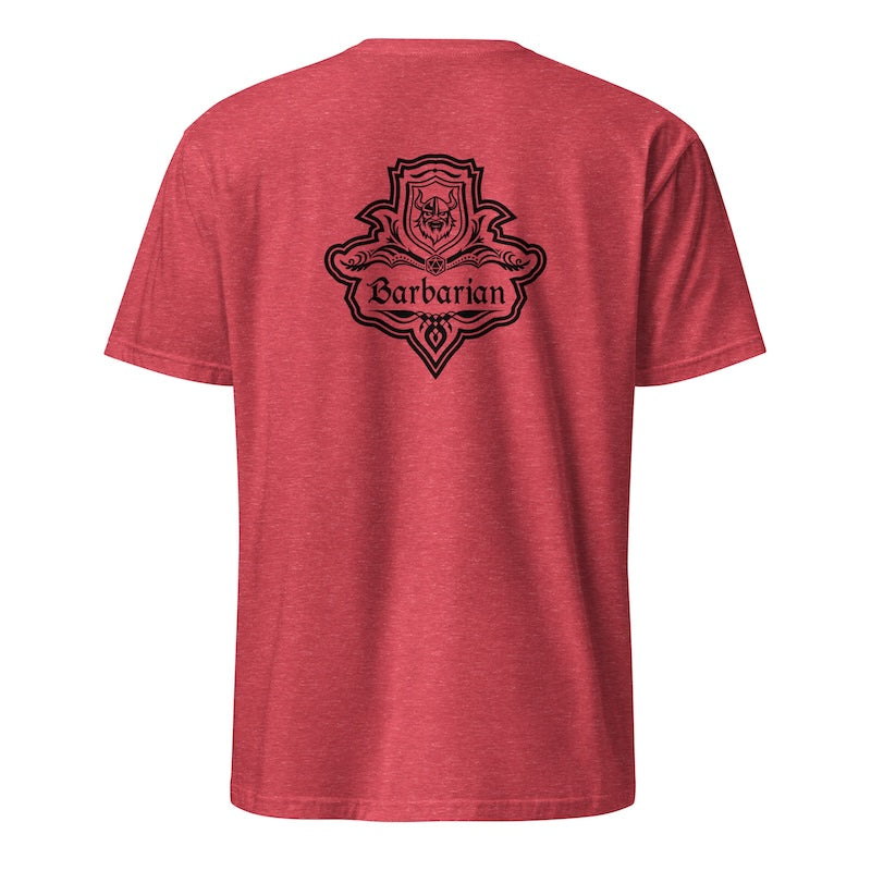 Red t-shirt with black graphic and text on a white background