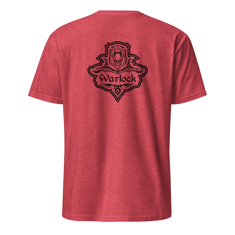 Red t-shirt with 'Warlock' logo on the back against a white background