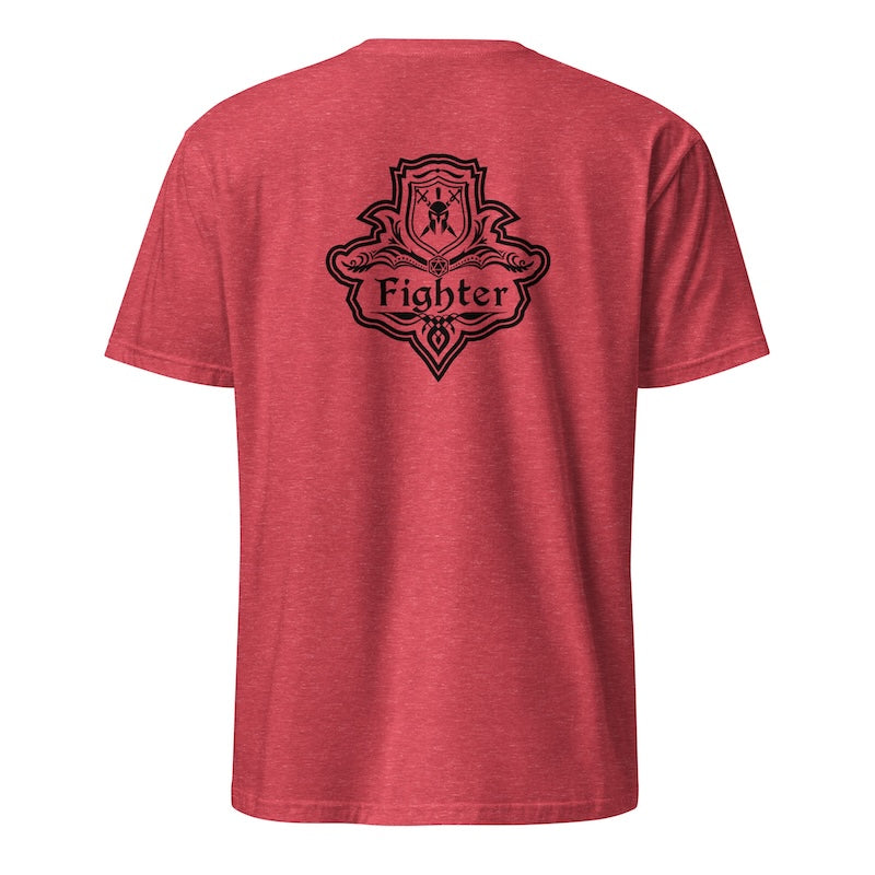 Red t-shirt with 'Fighter' emblem on the back against a white background