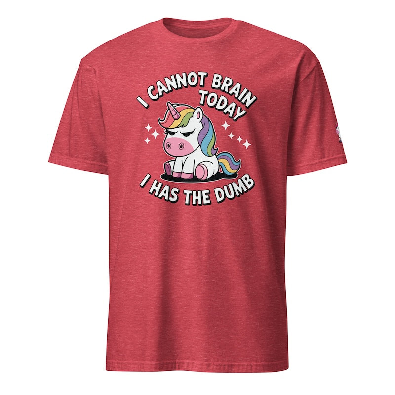 Red t-shirt with a cartoon unicorn and humorous text on a white background