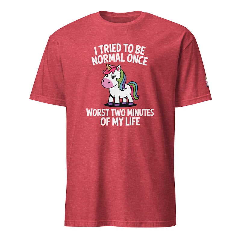Red t-shirt with a unicorn graphic and humorous text on a white background