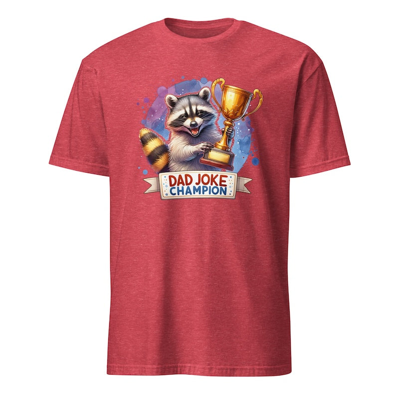 Red t-shirt with a raccoon holding a trophy and 'Dad Joke Champion' text on a white background