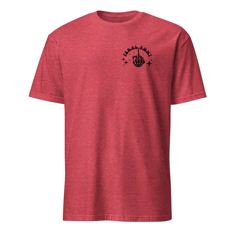 Red t-shirt with a black graphic on a white background