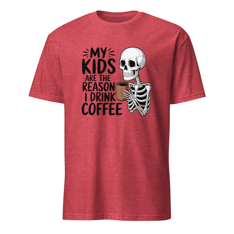 Red t-shirt with skeleton holding a coffee cup and text on a white background