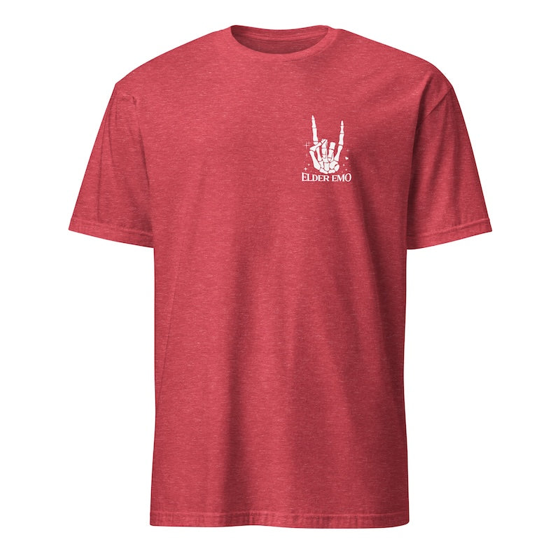 Red t-shirt with a white graphic and text on a white background