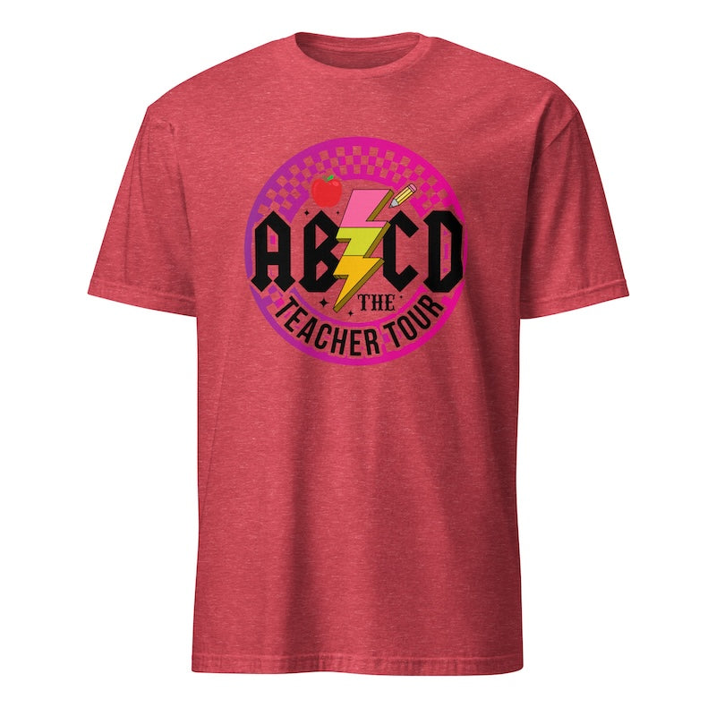 Red t-shirt with colorful graphic design on a white background