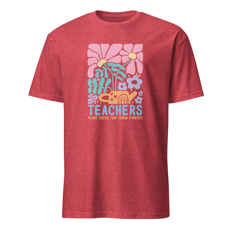 Red t-shirt with colorful graphic and 'Teachers' text on a white background