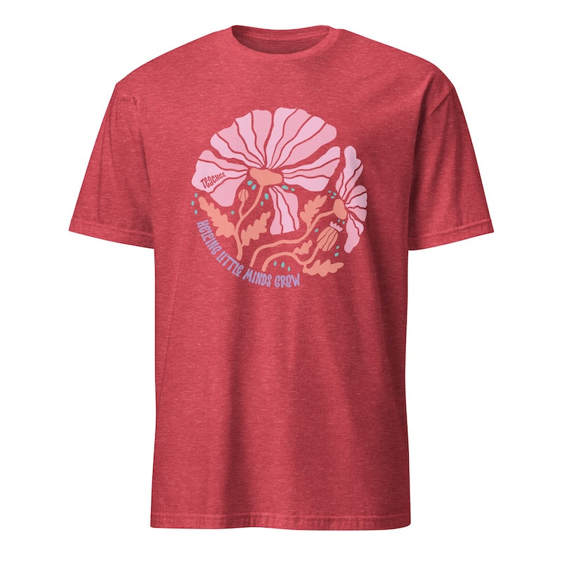 Red t-shirt with a pink graphic design on a white background