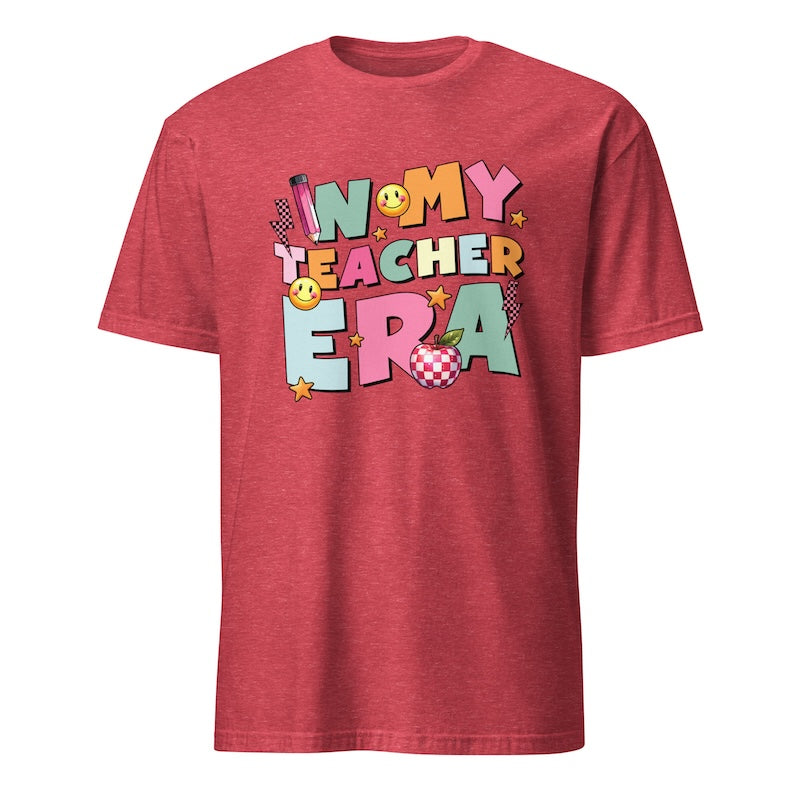 Red t-shirt with colorful text design on a white background