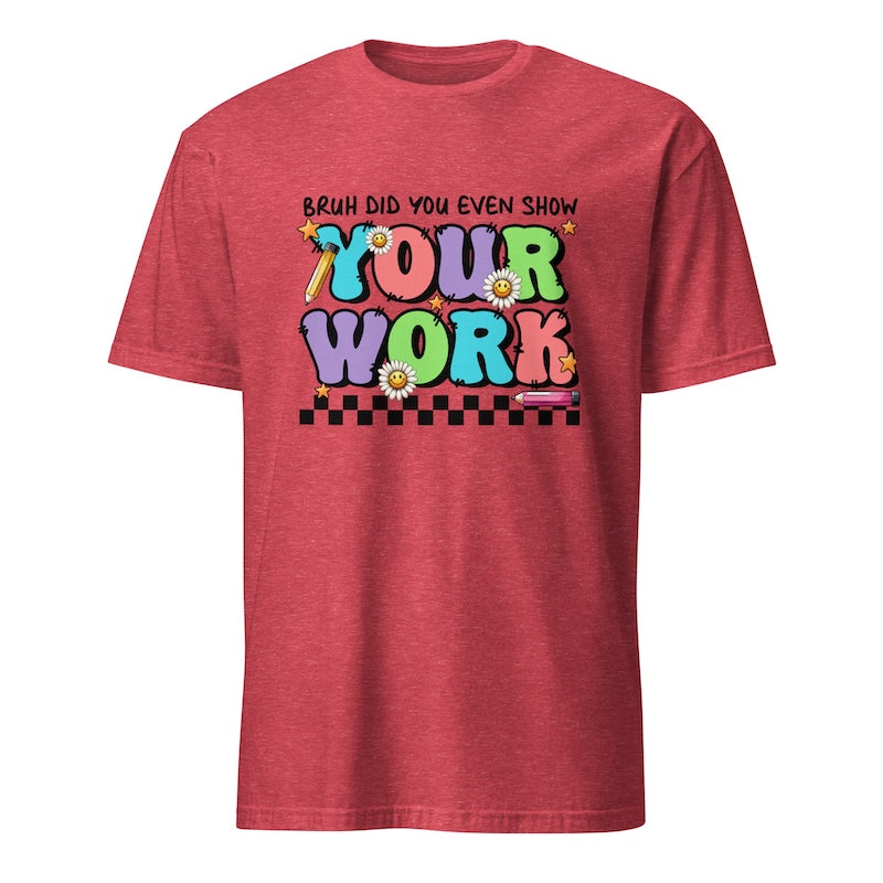 Red t-shirt with colorful text design on a white background
