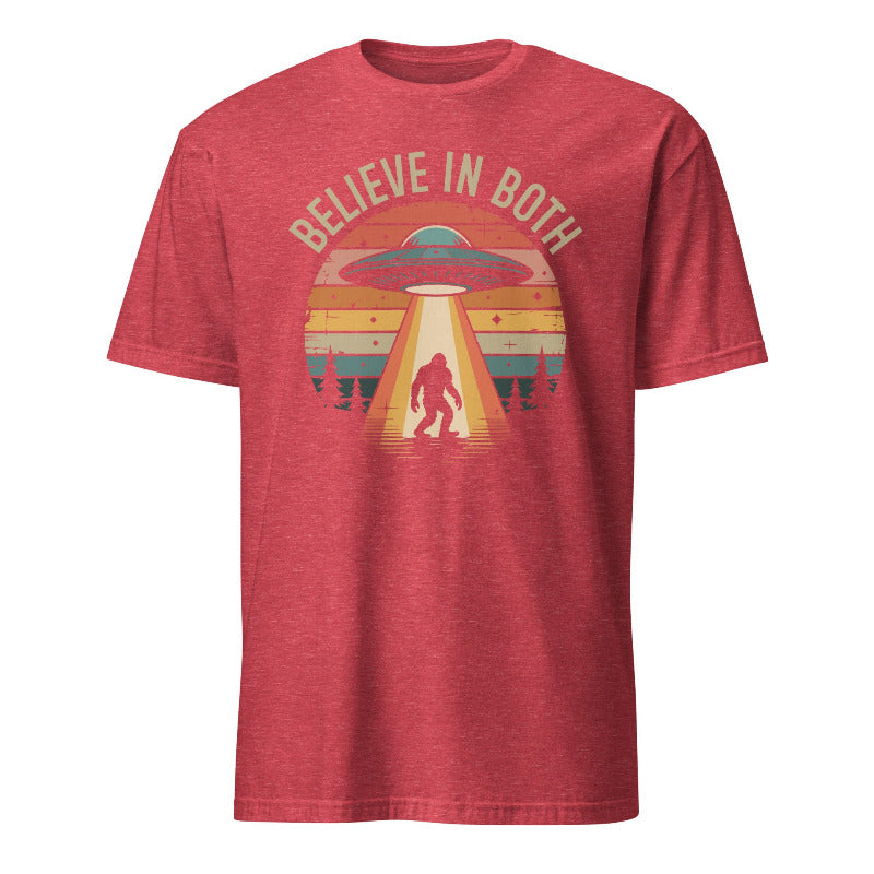 Red t-shirt with UFO and Bigfoot graphic and 'BELIEVE IN BOTH' text on a white background