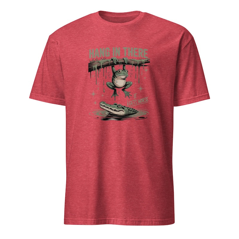 Red t-shirt with a graphic design of a frog and alligator on a white background