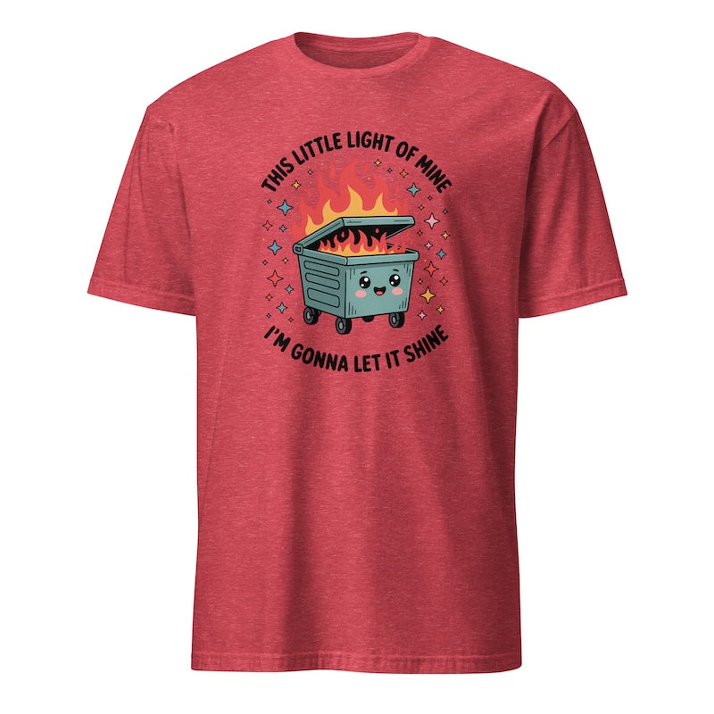 Red t-shirt with a graphic of a dumpster fire and text on a white background