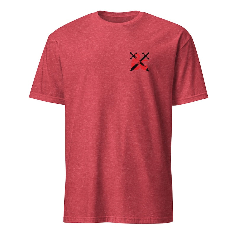 Red t-shirt with a black and red logo on a white background