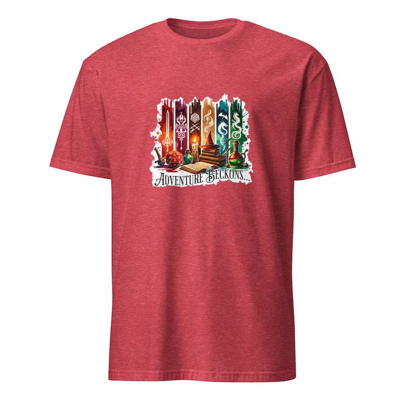 Red t-shirt with a graphic design on a white background