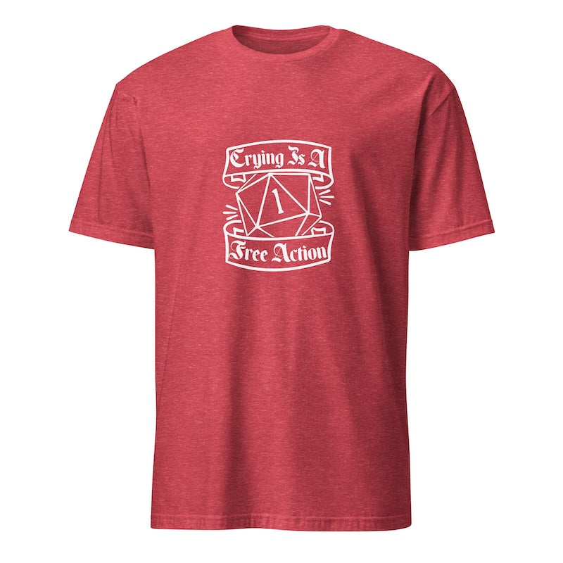 Red t-shirt with white graphic and text on a white background