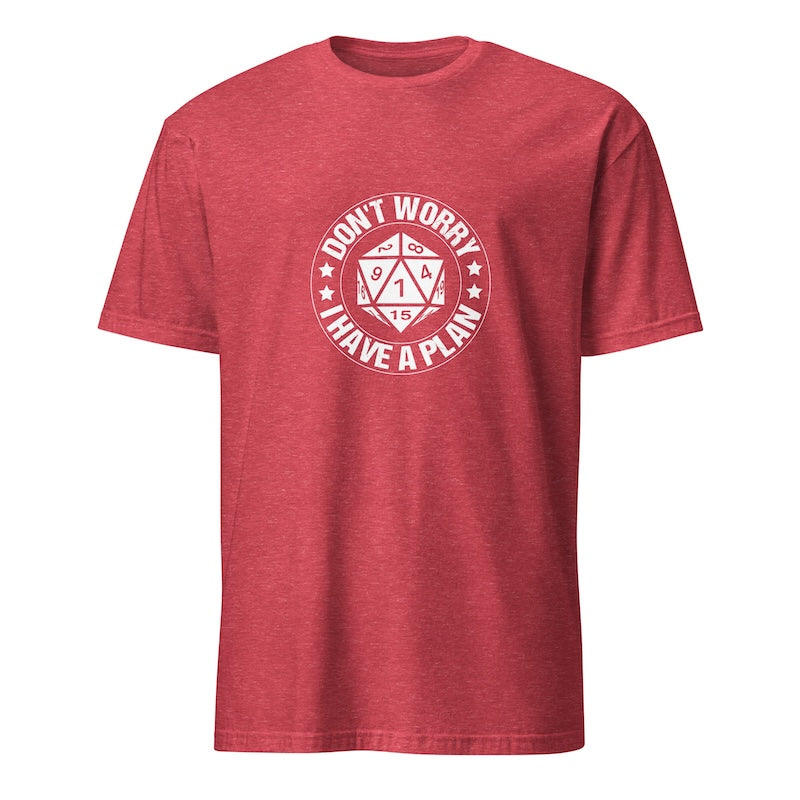 Red t-shirt with white graphic and text on a white background