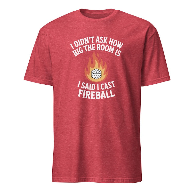 Red t-shirt with white text and a fireball graphic on a white background