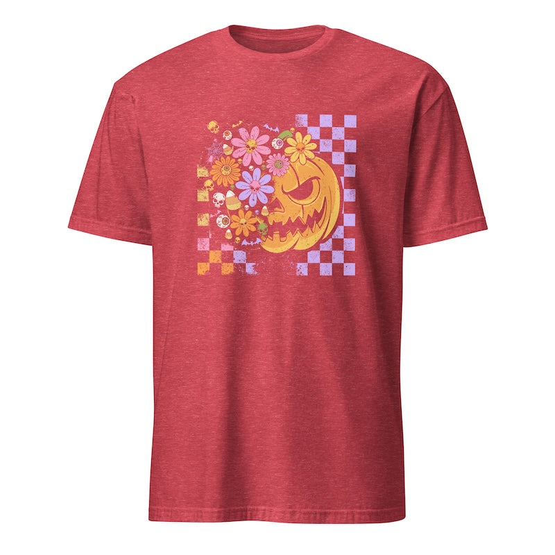 Red t-shirt with a colorful pumpkin and floral design on a white background