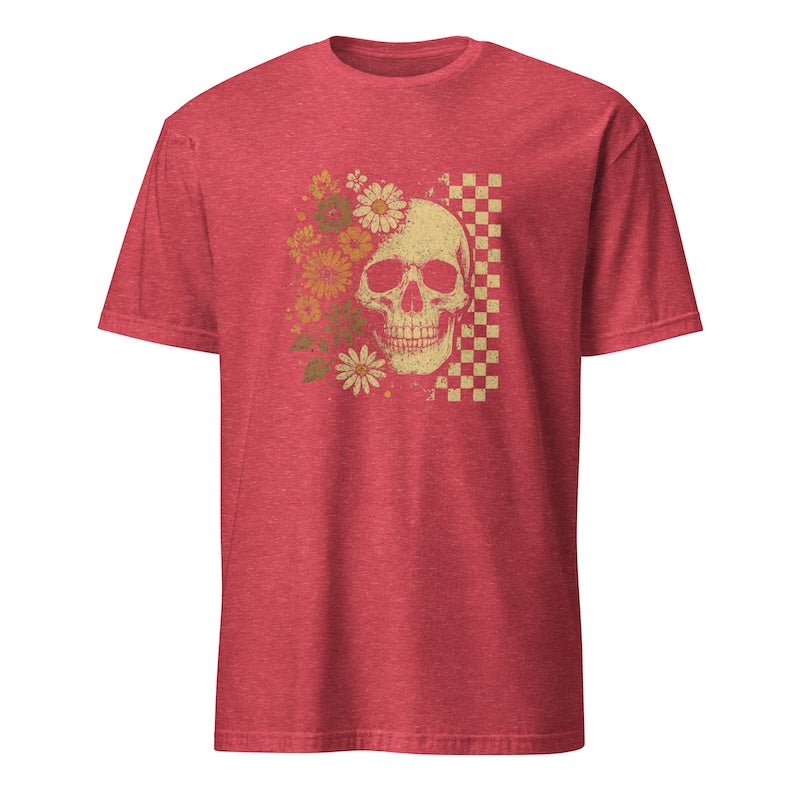 Red t-shirt with a skull and floral design on a white background