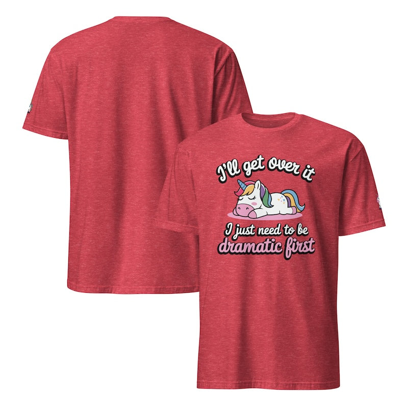 Red t-shirt with a unicorn graphic and humorous text on a white background