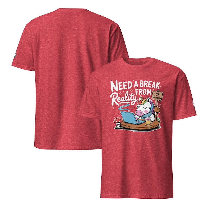 Red t-shirt with cartoon design and text 'Need a Break from Reality' on a white background
