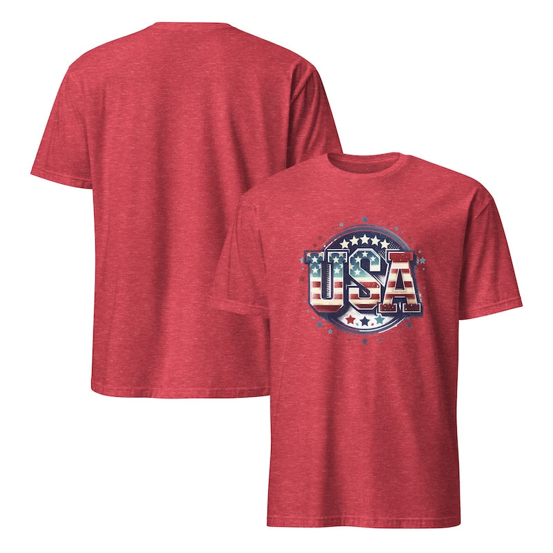 Red t-shirt with 'USA' design on a white background