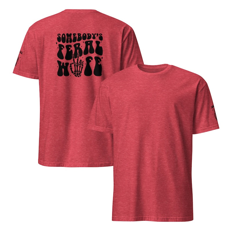Red t-shirt with black text and graphics on a white background