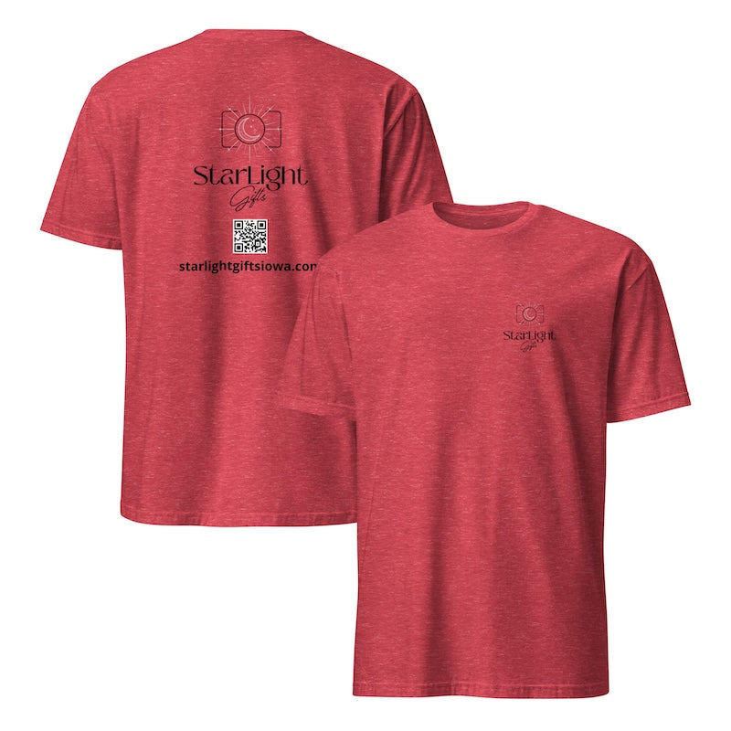 Red t-shirt with branding on the front and QR code on the back, displayed on a white background.