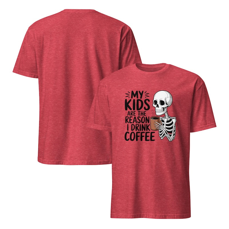 Red t-shirt with skeleton design and text on a white background