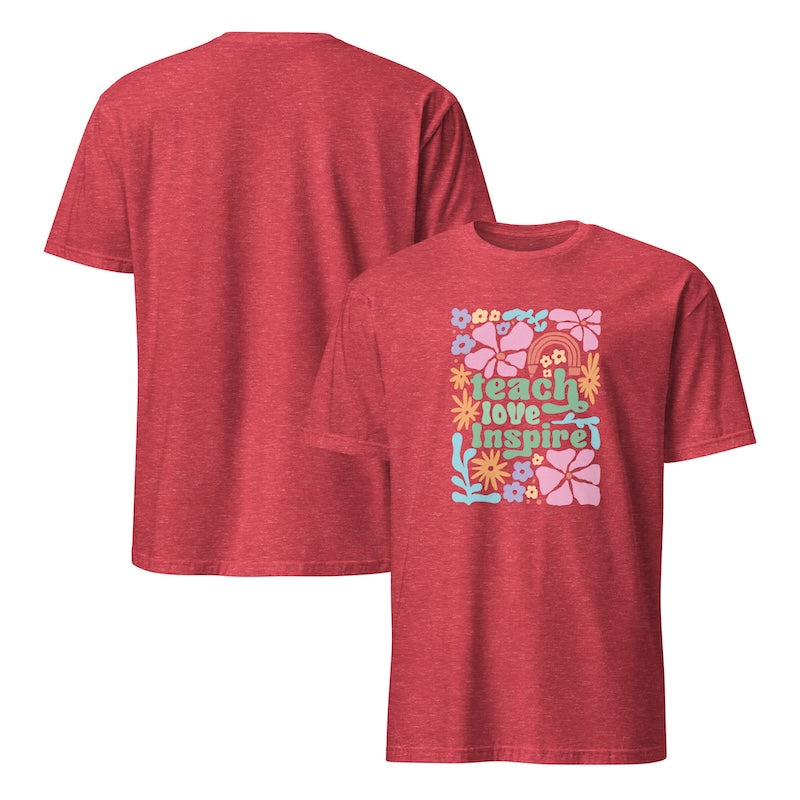 Red t-shirt with colorful 'teach love inspire' design on a white background