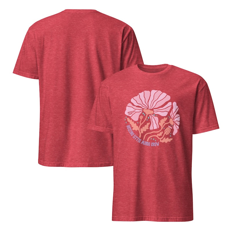 Red t-shirt with a graphic design on the front, shown from front and back views.