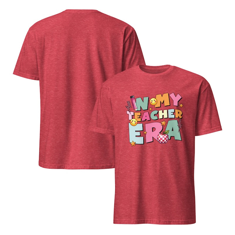 Red t-shirt with 'In My Teacher Era' text design on a white background