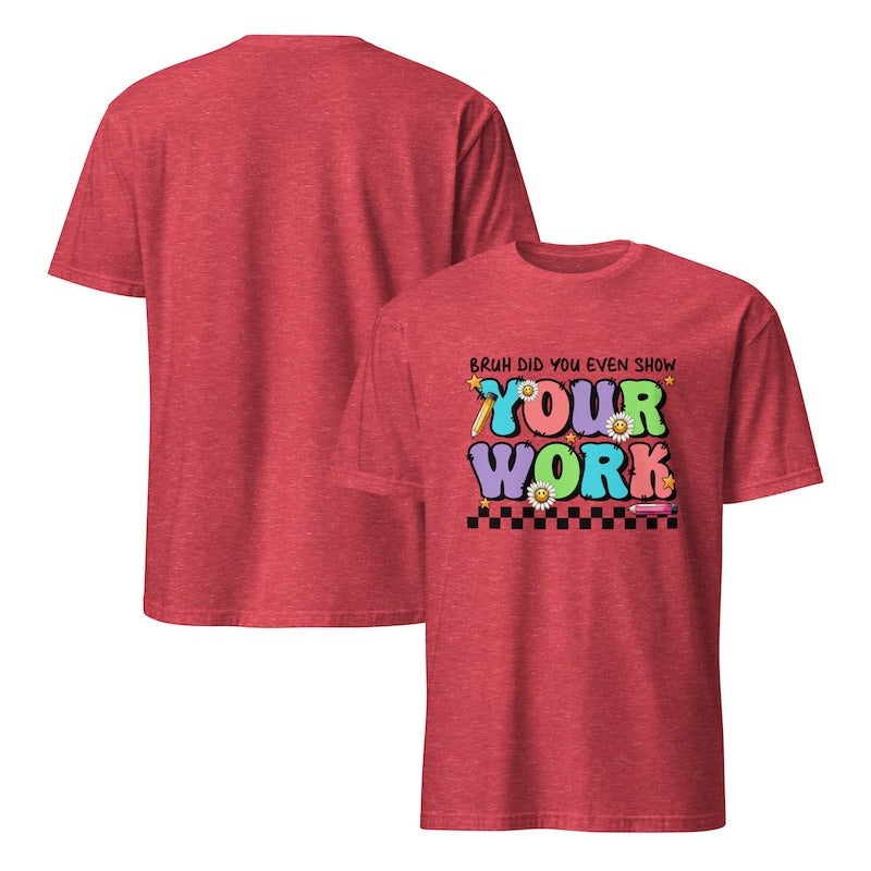 Red t-shirt with colorful text design on a white background