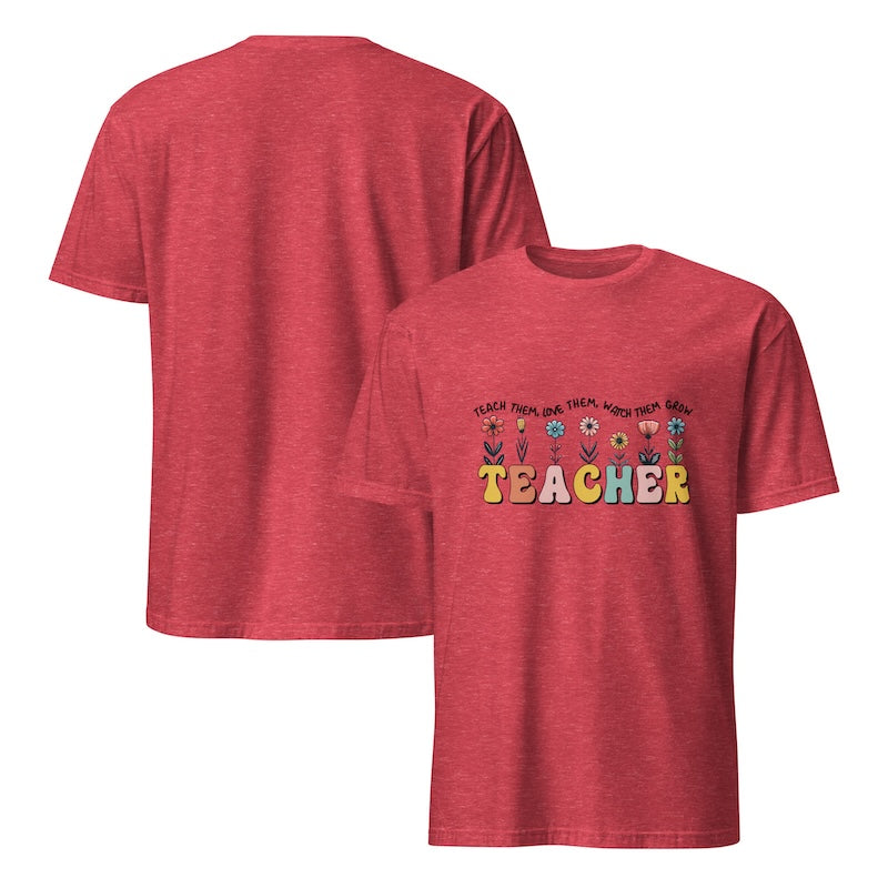 Red t-shirt with 'TEACHER' and flower graphics on a white background