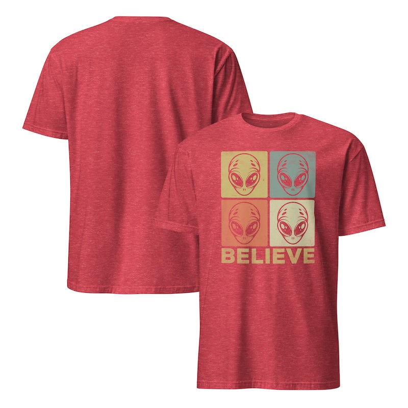 Red t-shirt with alien graphic and 'BELIEVE' text on a white background
