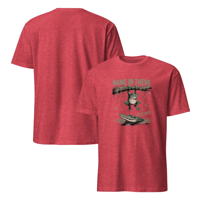 Red t-shirt with graphic design on a white background