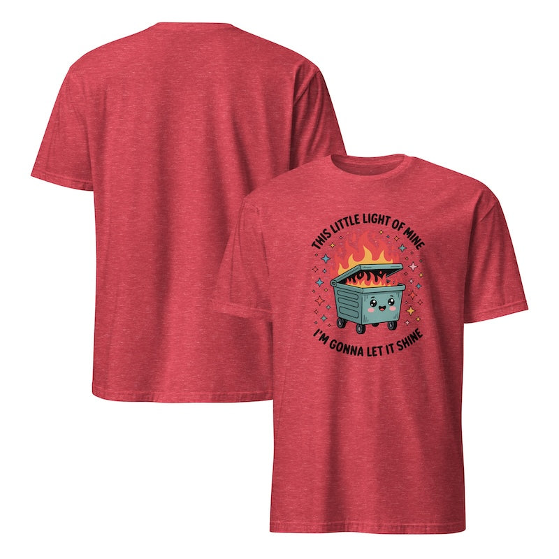 Red t-shirt with a graphic design on the front and back