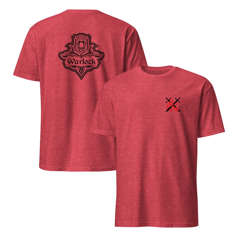 Red t-shirt with black graphic design on the front and back