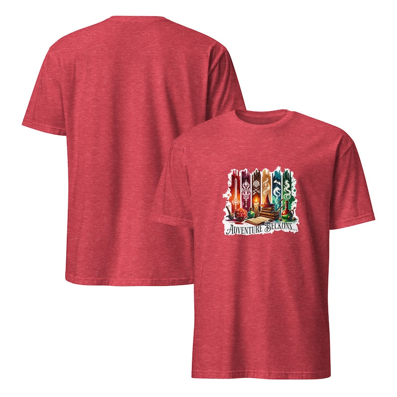 Red t-shirt with a colorful graphic design on a white background