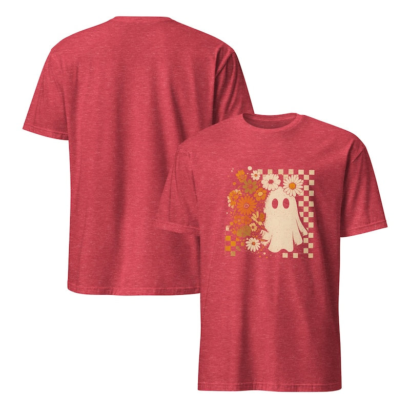 Red t-shirt with a ghost and floral design on a white background