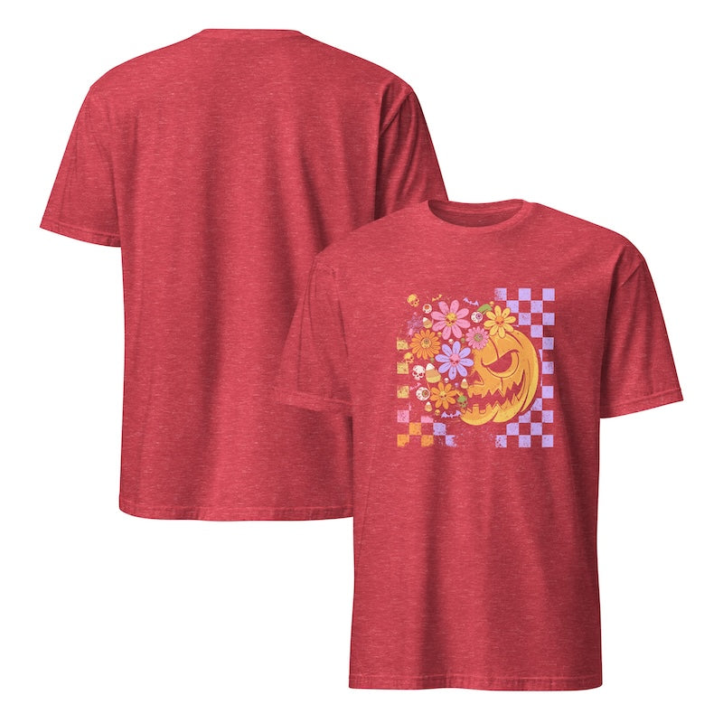 Red t-shirt with a colorful pumpkin design on a white background