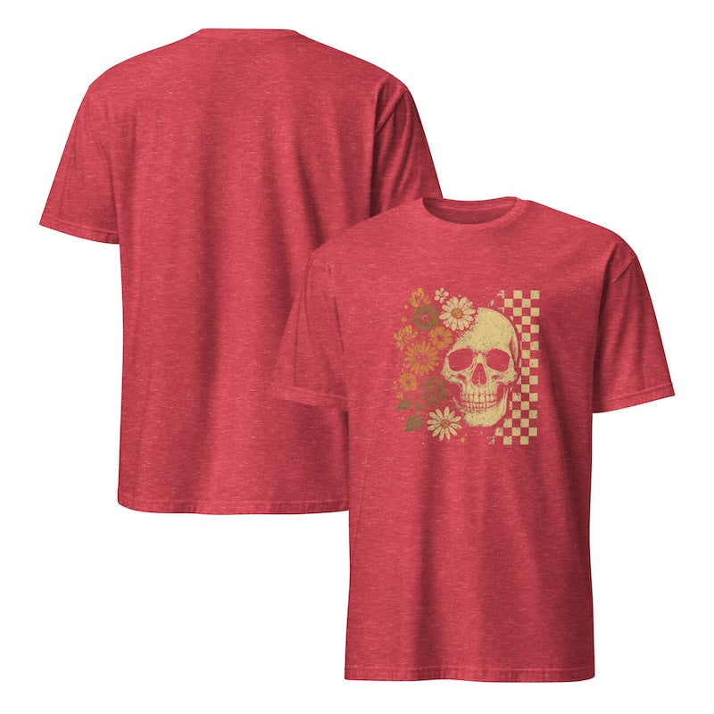 Red t-shirt with a skull and floral design on a white background