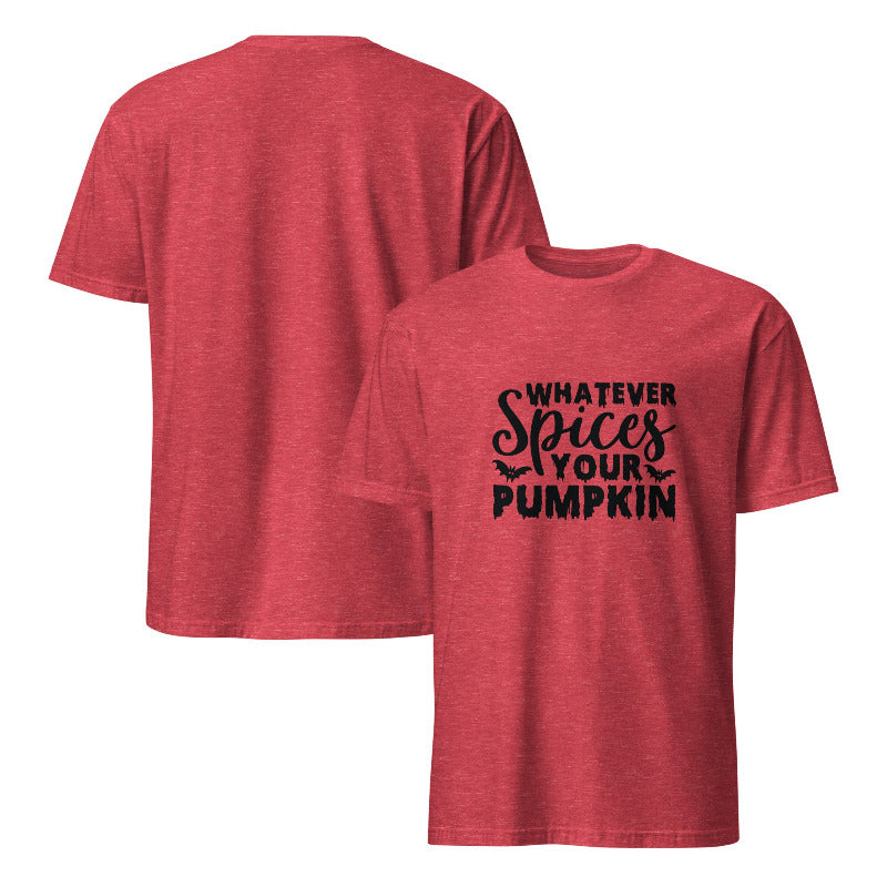 Red t-shirt with black text 'Whatever Spices Your Pumpkin' on a white background