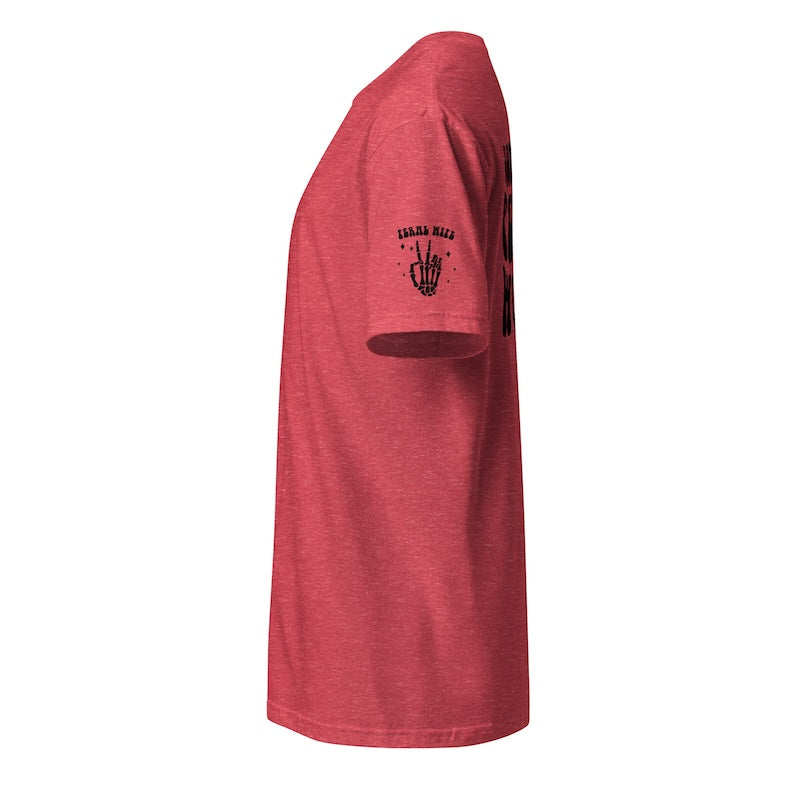 Red t-shirt with a black graphic on the sleeve against a white background